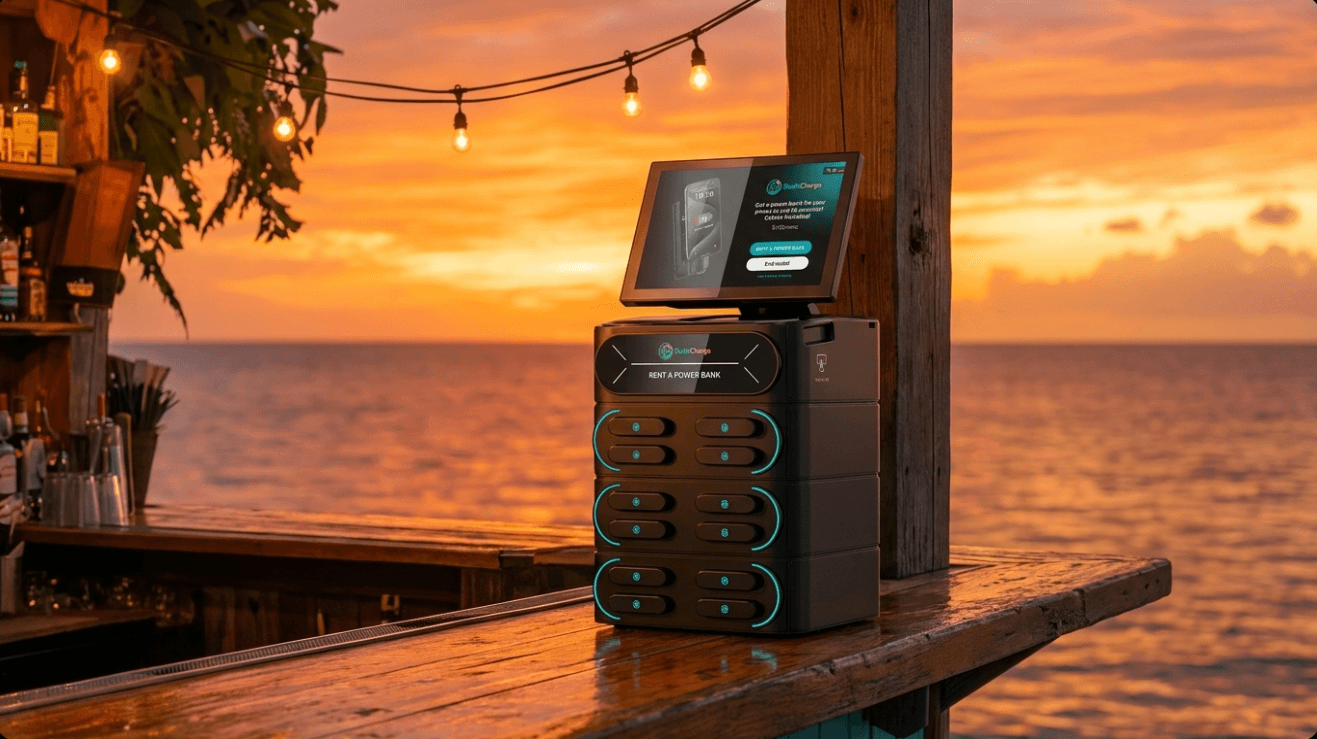 DushiCharge powerbank station at a beach bar terrace at sunset on Curaçao