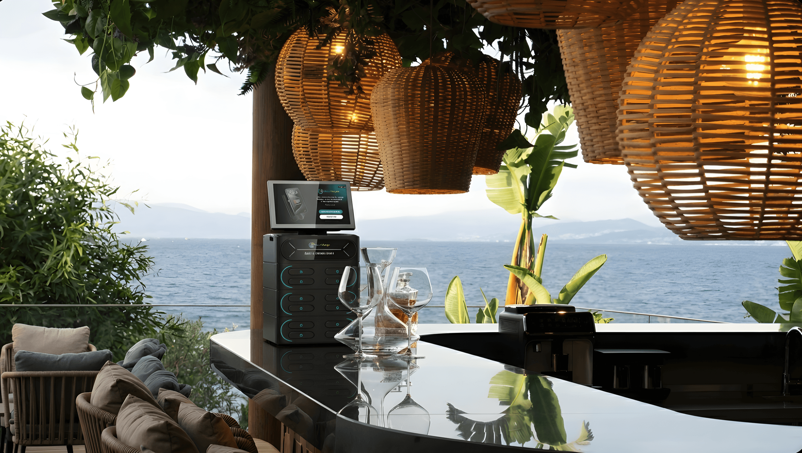 DushiCharge powerbank station on a bar counter at a Curaçao hospitality venue